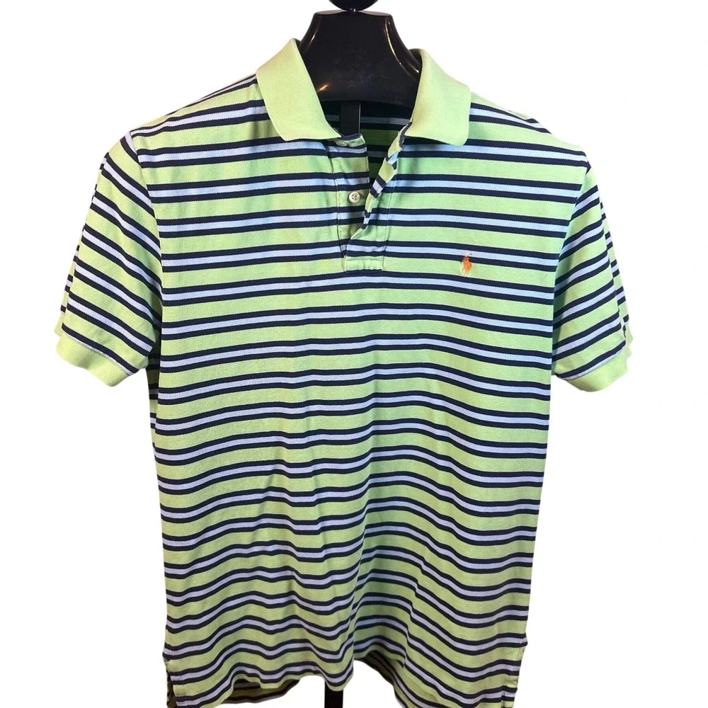 Polo Ralph Lauren Mens Large Lime Green Navy Blue Striped Cotton Polo Shirt L